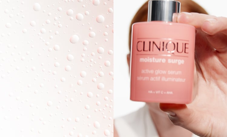 Video showcasing various models smiling and applying Moisture Surge Serum to skin, shot close up, focusing on product texture