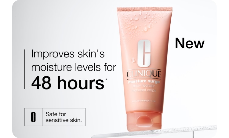 Two deluxe Clinique minis on a grey shelf, with illustrated black and green flowers to the left and right
