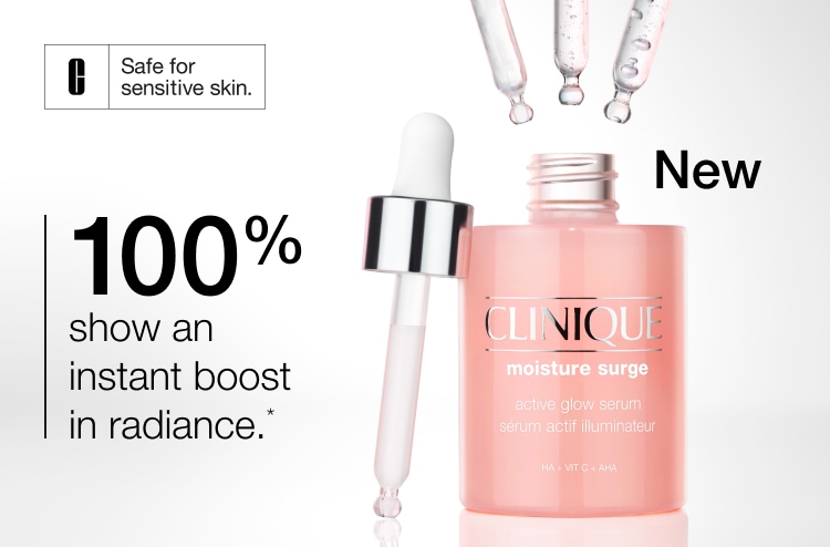 Two deluxe Clinique minis on a grey shelf, with illustrated black and green flowers to the left and right