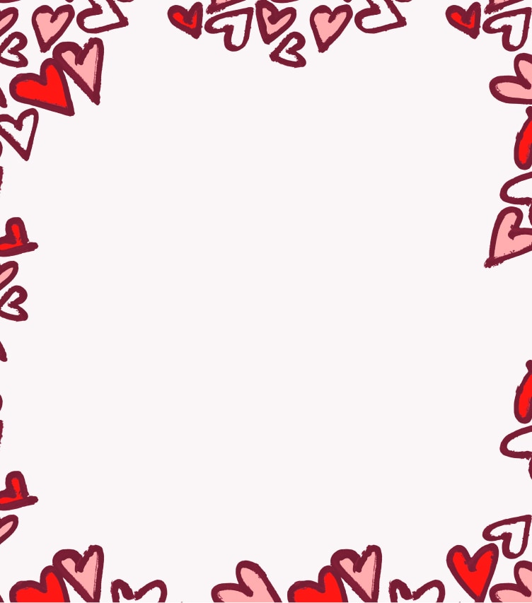 Illustrated red and pink hearts dotted around the edge of a soft pink background