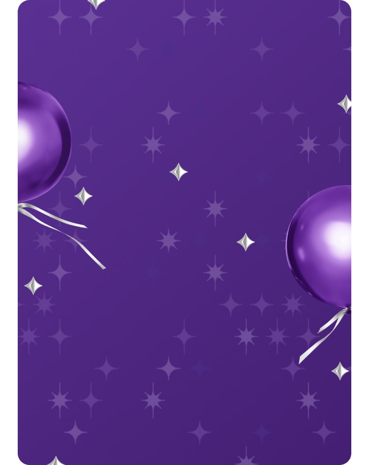 Purple banner with illustrated star graphics and bright purple balloons