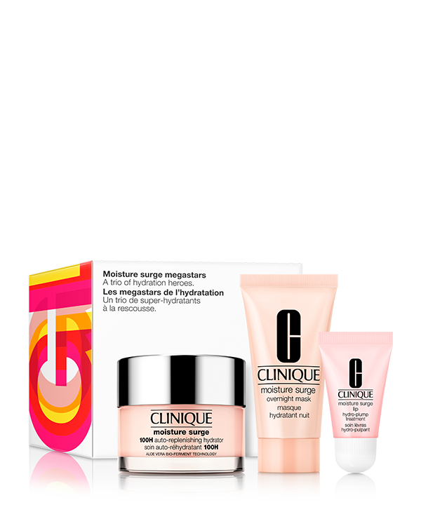 Moisture Surge Megastars: Hydrating Skincare Set, A trio of hydration hero skincare in one refreshing set. A $141 value.